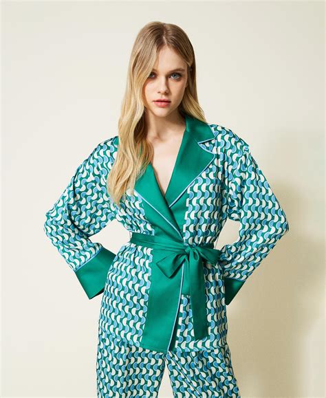 Kimono dress in silk with printed dots tone